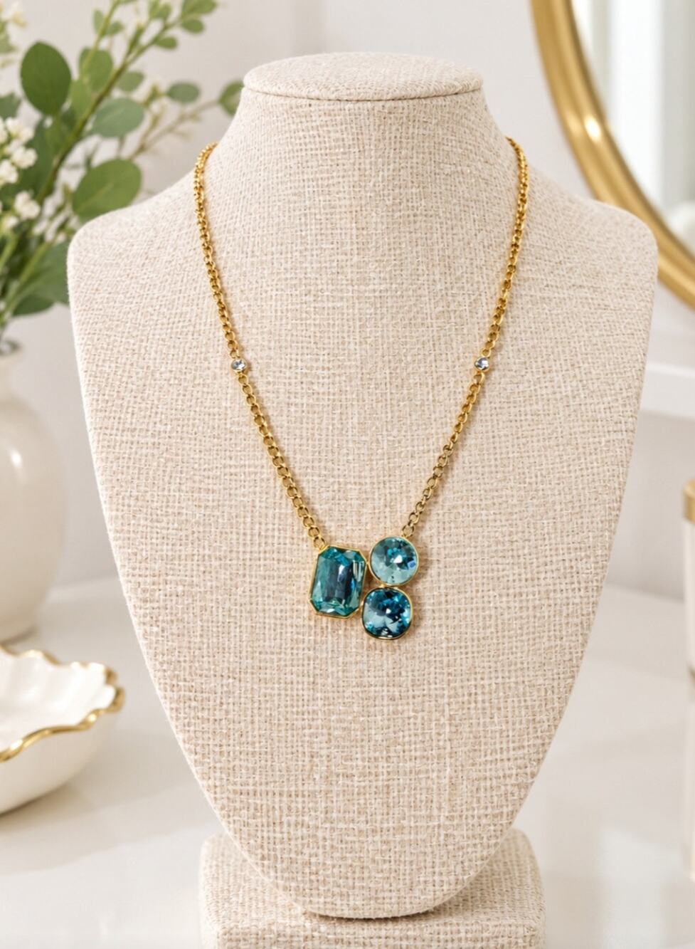 18KT Plated Stainless Steel Blue Stone Necklace New